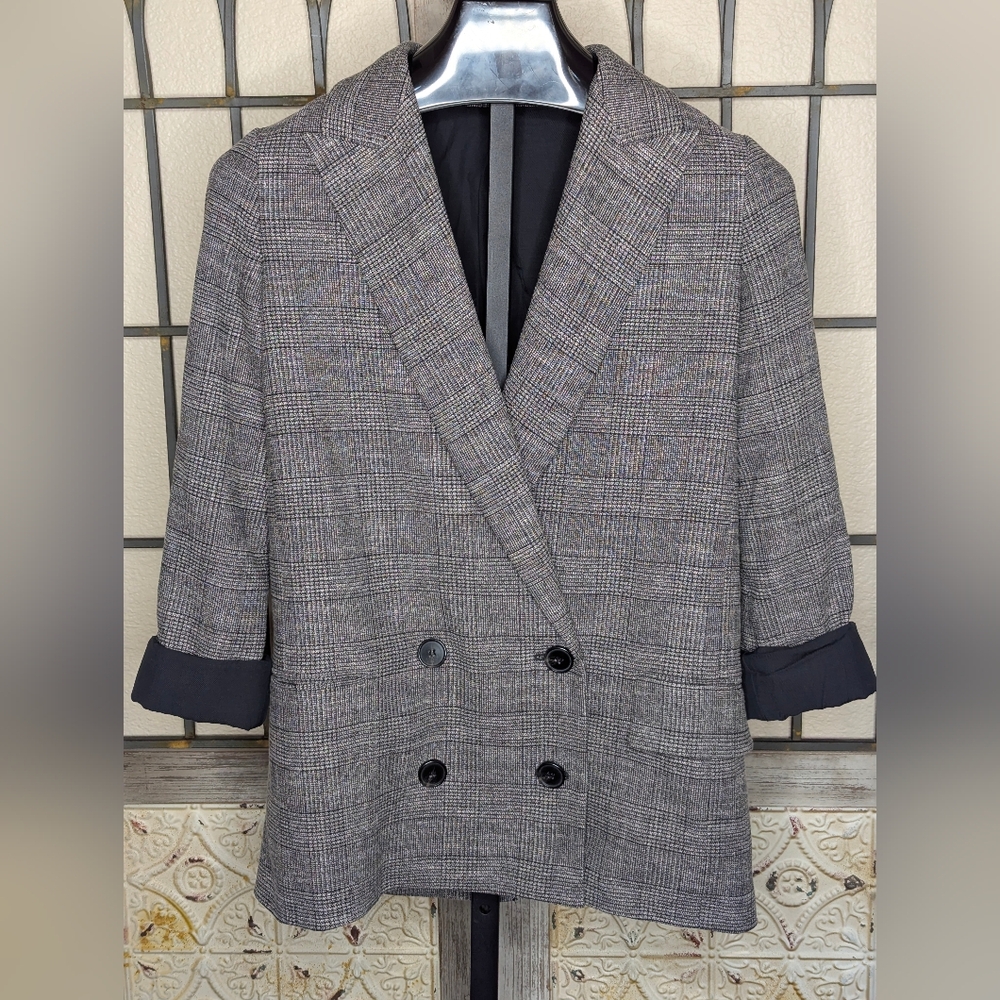 AllSaints Gray Glen Plaid Double-Breasted Blazer Size 00